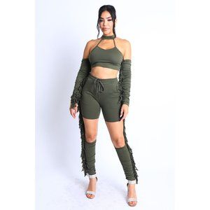 Women's Halter Neck Cold Shoulder Tasseled Sleeve and Matching Hollow out Pants